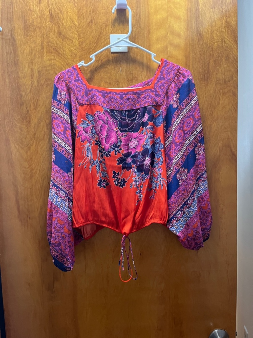 Free People Red and Pink Floral Boho Peasant Blouse